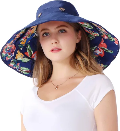 Vista 5 de Sombrero reversible para el sol UPF 50+ con ala extra grande, flexible, fácil de empacar, para la playa