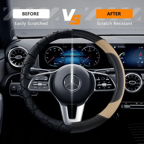 Vista 5 de Funda de cuero para volante de auto, protector antideslizante para volante de auto de cuero de microfibra transpirable, ajuste universal