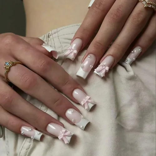 Vista 19 de Lindas uñas a presión de tamaño mediano - Uñas falsas cuadradas con punta francesa, uñas acrílicas rojas de cobertura completa brillantes