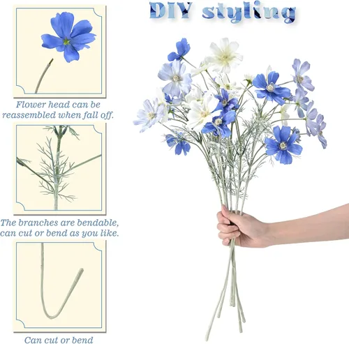 Vista 2 de 6 piezas de Coreopsis de seda azul, flores cosmos de tallo largo flexibles Soft silk blooms with bendable wire stems, total 24 flowers