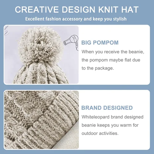 Vista 2 de Gorro de invierno para mujer con forro polar cálido, tejido grueso, para esquiar
