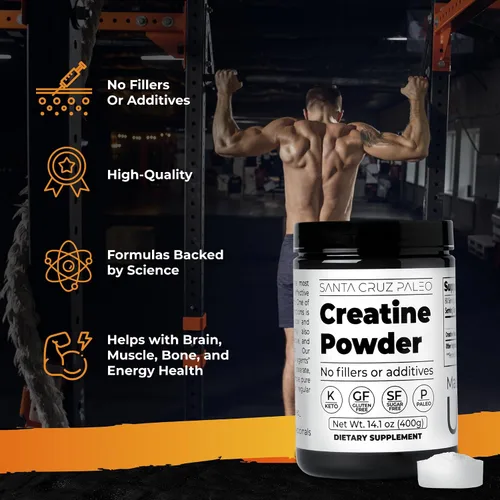 Vista 2 de Santa Cruz Paleo, Polvo de Monohidrato de Creatina Micronizado, Suplemento Sin Sabor para Pre Entrenamiento y Apoyo Muscular, Libre de Gluten Keto