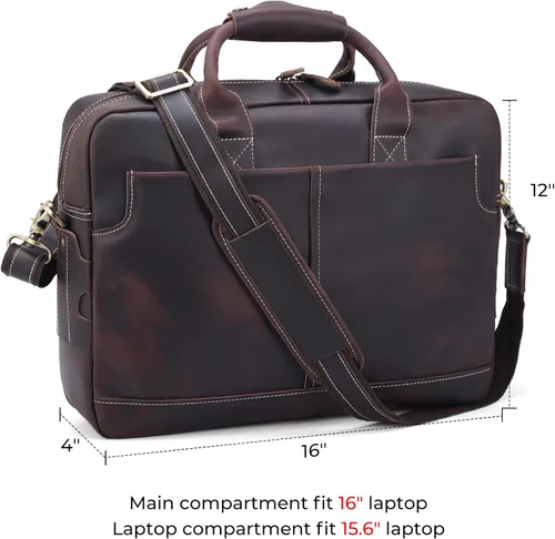 Vista 7 de Maletín de cuero genuino para hombre, maletín de cuero de grano completo de 16 pulgadas, bolsa de mensajero con cremalleras de metal YKK