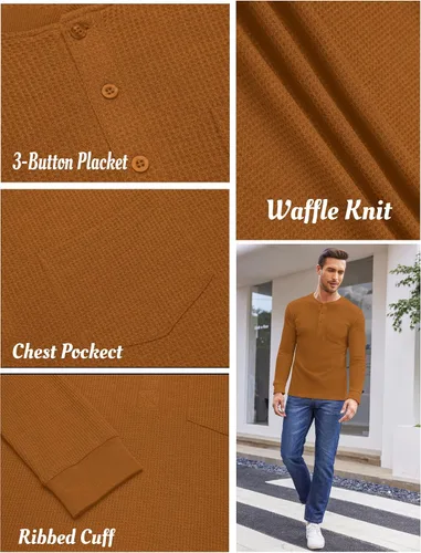 Vista 4 de COOFANDY Camisas Henley de manga larga para hombre con bolsillo