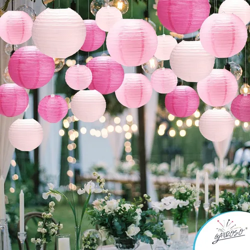 Vista 6 de 21 linternas de papel rosadas, 4, 6, 8, 10, 12 pulgadas, para colgar en interiores y exteriores, con cinta y cuerda para graduación, cumpleaños