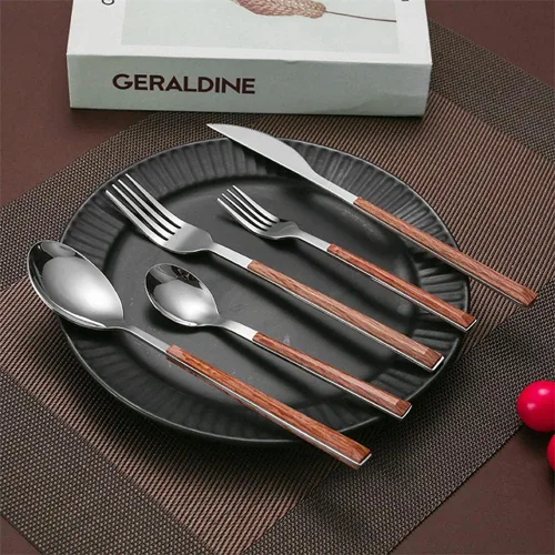 Vista 8 de Juego de cubiertos de madera de 30 piezas para 6 cubiertos de acero inoxidable duraderos, juego de cubiertos de madera modernos para el hogar