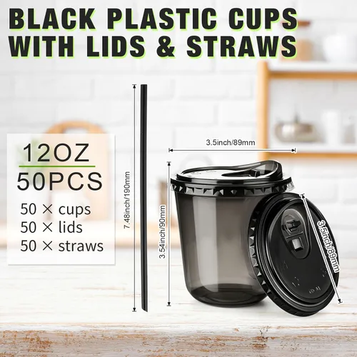 Vista 3 de Ziliny Paquete de 50 vasos de plástico transparente negro de 12 onzas con tapas y popotes, vasos desechables para mascotas, taza de café helado