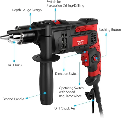 Vista 5 de Taladro de impacto de 850 W, 1/2 pulgadas, 7 amperios con cable con velocidad variable 0-3000 RPM, martillo y taladro 2 funciones en 1 para acero