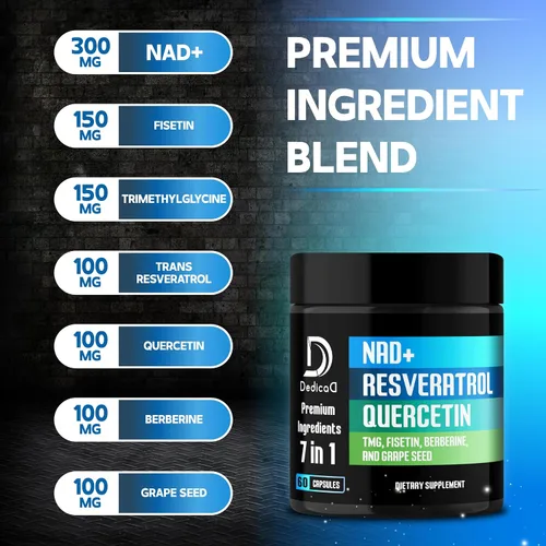 Vista 2 de DEDICAD Suplemento NAD.+ - Combinado con Resveratrol, Quercetina, Berberina, Fisetina, TMG y Semilla de Uva - 60 Cápsulas
