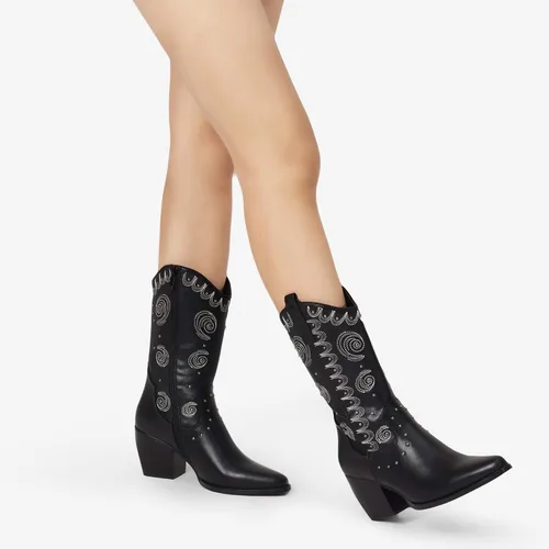 Vista 6 de DREAM PAIRS Botas vaqueras occidentales para mujer, botas vaqueras de media pantorrilla sin cierre