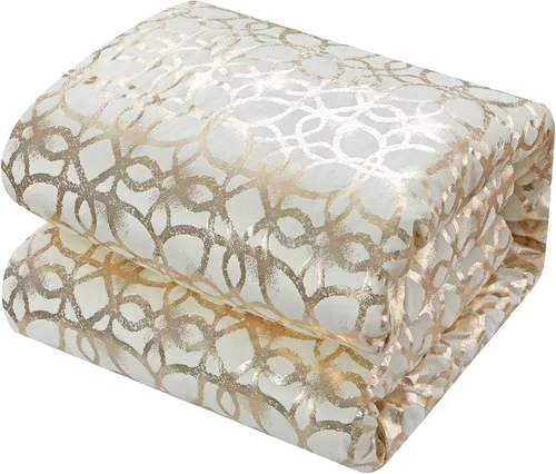 Vista 2 de Chic Home Shefield 4 Piece Comforter Set Geometric Gold Tone Metallic Lattice Pattern Print Bedding - Decorative Pillows Sham Included, Twin Beige