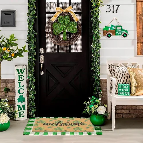 Vista 2 de XuoAz St. Patrick's-Day-Clovers-Welcome-Mats Outdoor Entrance Green-Shamrock-Outdoor-Felpudo antideslizante de fibra de coco para la decoración