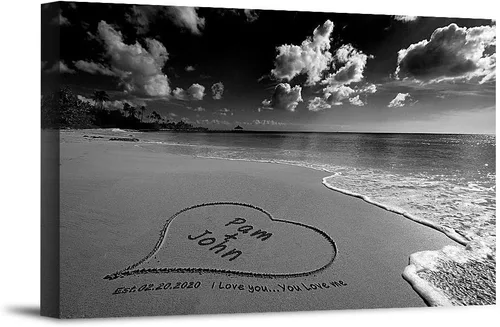 Vista 14 de Corazón y corazón en hermoso amanecer fotos personalizadas únicas o impresiones en lienzo con nombres de pareja y fecha especial en la playa, regalo
