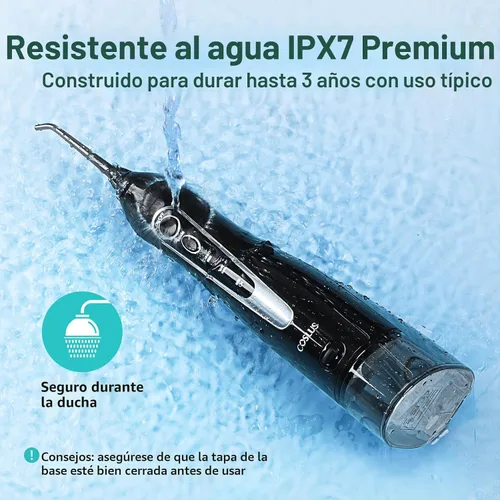 Vista 5 de COSLUS Hilo Dental de Agua: Irrigador Oral Portátil Inalámbrico 300ML Recargable Limpiador de Viaje IPX7 Impermeable Máquina de Hilo Dental