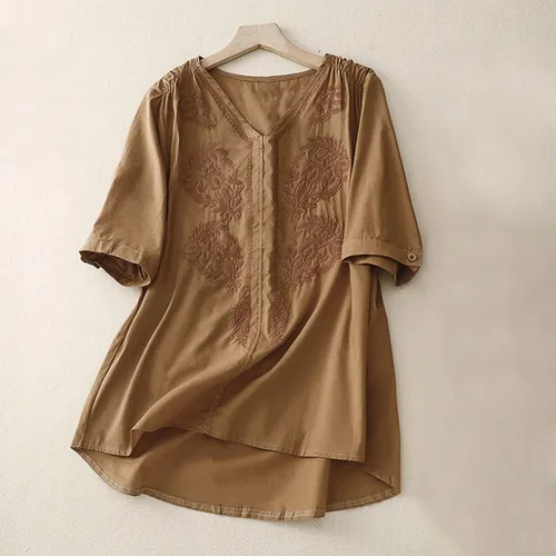 Vista 2 de Blusas de lino de algodón para mujer, elegantes botones de media manga, color sólido, cuello redondo, blusa suelta casual, G-caqui