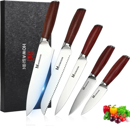 Vista 11 de Juego de cuchillos de cocina de 3 piezas con mango de madera de rosa negra, juego de cuchillos de chef profesional de acero inoxidable alemán