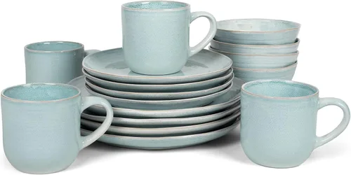 Vista 4 de Elanze Designs Reactive Glaze Farmhouse - Juego de vajilla rústica de cerámica bohemia de cerámica de 16 piezas, servicio para 4, color azul hielo