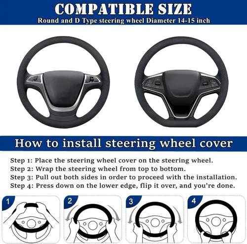 Vista 2 de Funda para volante de automóvil, protector de volante elástico de cuero de microfibra, antideslizante, transpirable, agarre cómodo, universal de 15