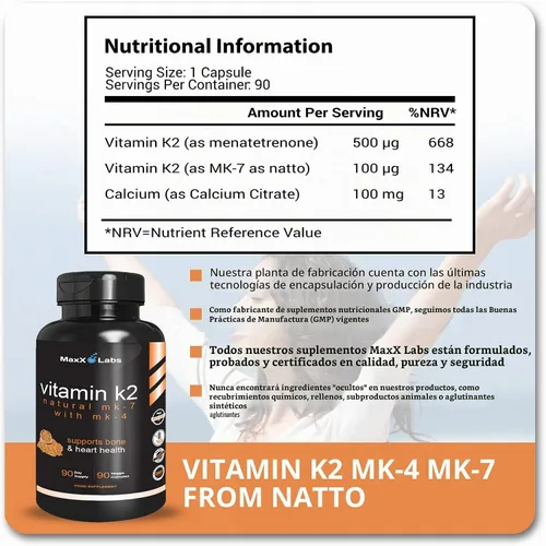 Vista 4 de Suplementos de vitamina K2 – Vitamina K2 de espectro completo MK7, MK4 y calcio – Vitamina K de alta resistencia funciona con vitamina D3 K2 5000 UI