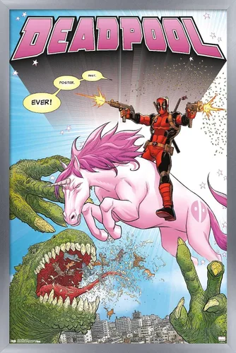Vista 10 de Marvel Comics Deadpool - Póster de pared de unicornio, 22.4 pulgadas de largo x 14.7 pulgadas de ancho, versión enmarcada de madera de granero