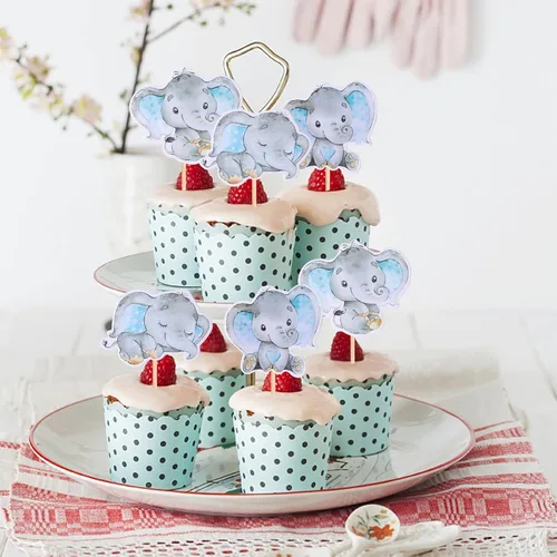 Vista 4 de 36 piezas de decoración de cupcakes de elefante azul It's a Boy Baby Shower para temática de elefante, revelación de género, baby shower, niños