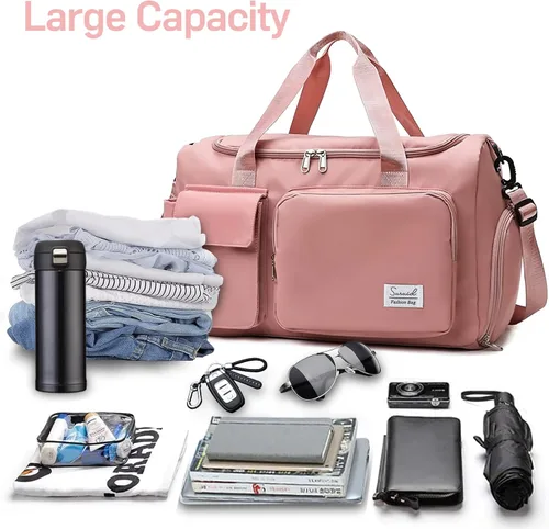 Vista 5 de Bolsa deportiva de gimnasio con compartimento para zapatos, bolsa de viaje con bolsillo separado seco húmedo para hombres y mujeres, bolsa de noche