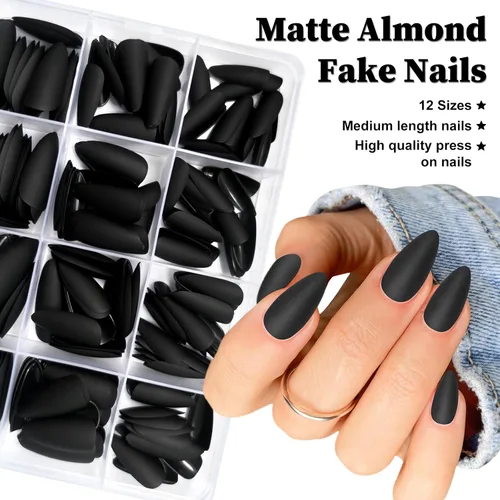 Vista 4 de 240 uñas postizas a presión con diseño de almendra de longitud media, uñas negras mates con diseño de almendra, puntas de uñas postizas cortas