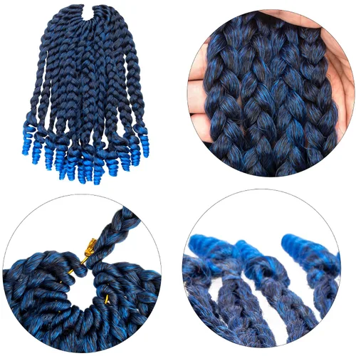 Vista 3 de 7 paquetes de extensiones de cabello diosa con extremos rizados, extensiones de cabello azul degradado para mujeres negras y bebés niños