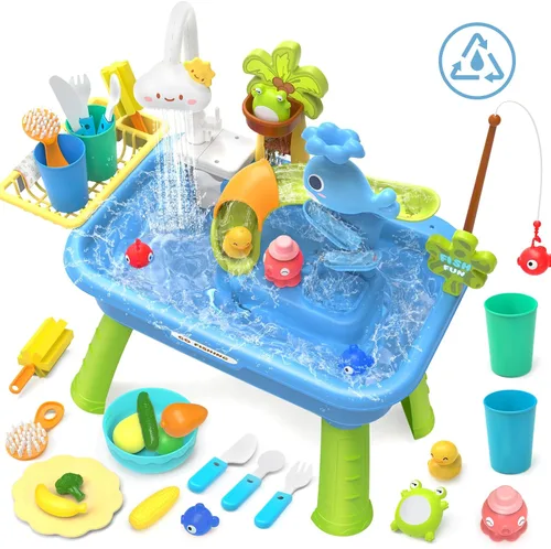 Vista 9 de Fregadero de juego de 21 pulgadas de alto con agua corriente, fregadero de cocina 4 en 1 para niños con grifo eléctrico, mini mesa de agua con patas