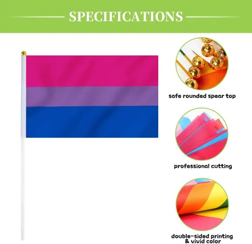 Vista 4 de Bandera bisexual con bandera bi, pequeña mini banderas de mano con orgullo bisexual en palos para desfiles, fiestas, festivales y decoraciones