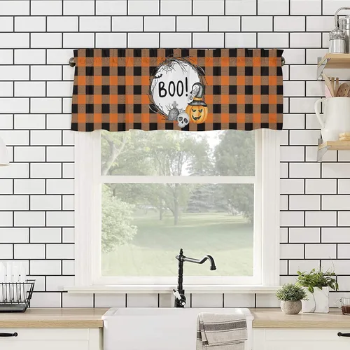 Vista 5 de Cortina de cenefa para cocina, cenefa de búfalo negro y naranja para sala de estar, cenefas con bolsillo para barra para dormitorio, cenefa