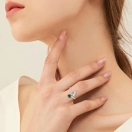 Vista 4 de FJ Anillo abierto de plata de ley para mujer, con piedra natal (anillo ajustable)