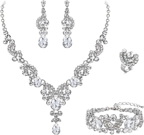 Vista 9 de Ever Faith - Conjunto de collar y aretes de lágrima con cristales de diamantes de imitación para novia, ondas florales