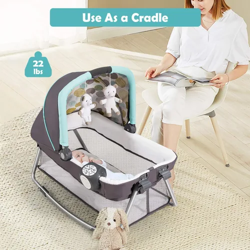 Vista 3 de BABY JOY Paquete y juego 5 en 1, corralito portátil para bebé con moisés y cambiador de pañales, cuna central para guardería infantil con juguetes