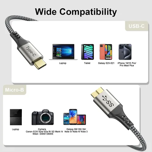Vista 6 de Cable externo de disco duro USB C de 10 Gbps, cable corto micro B a USB C, cable de disco duro USBC USBC para WD Toshiba Westgate Seagate, SSD
