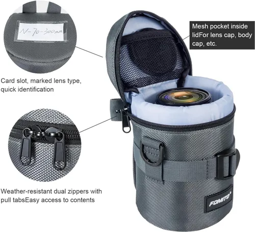 Vista 8 de FOMITO Funda protectora resistente al agua para lente de cámara, tamaño M, con bolsillo de malla, compatible con Canon EF-S de 0.669-2.165 in, Nikon