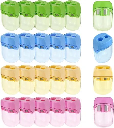 Vista 8 de BOPART - Sacapuntas manuales de colores a granel, 24 sacapuntas de mano pequeños con doble agujero con tapa para niños y adultos en el aula