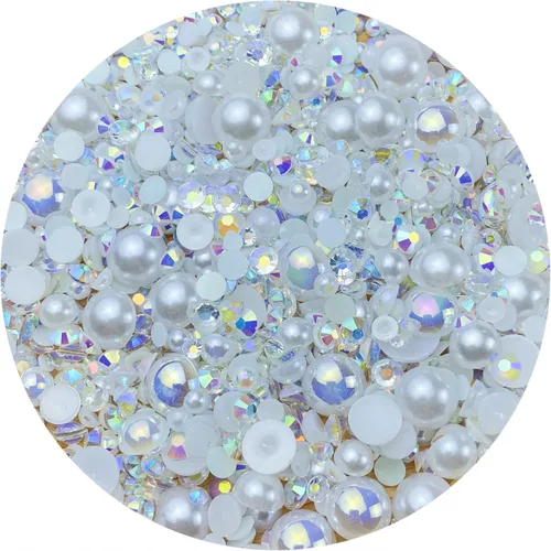 Vista 10 de Cuentas de resina con diamantes de imitación, mitad redonda, cuentas de perlas planas de 30 g, cuentas de media perla con diamantes de imitación