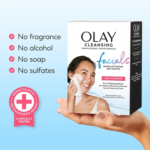 Vista 11 de Olay Daily Facials, Toallitas limpiadoras faciales de uso diario para eliminar el maquillaje, Toallitas limpiadoras activadas con agua 5 en 1