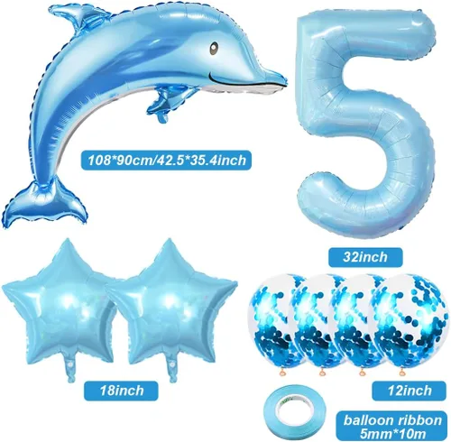 Vista 2 de Globos de cumpleaños de 5º delfín, globo gigante de papel de aluminio de delfín número 5, globos de Mylar de animales del océano para suministros