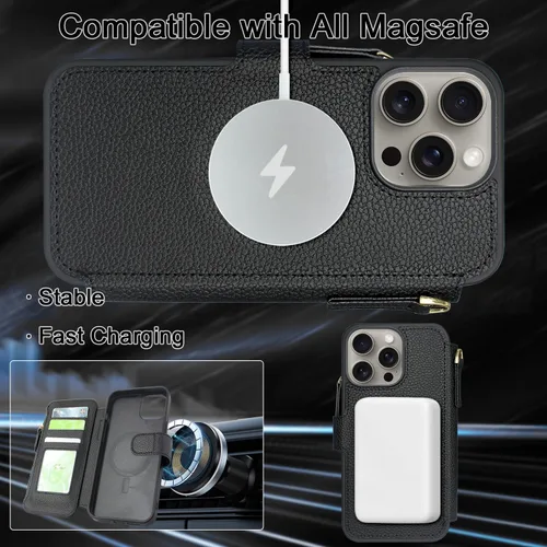 Vista 5 de Harryshell Funda compatible con iPhone 15 Pro con carga inalámbrica MagSafe con 3 ranuras para tarjetas, bolsillo con cremallera, bolsillo