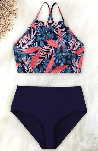 Vista 8 de CharmLeaks - Conjuntos de bikini para mujer, trajes de baño deportivos de dos piezas con cuello alto