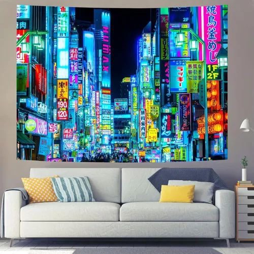 Vista 5 de iTapnoom Tapiz de anime japonés de neón punk, ciudad futurista, tapiz para colgar en la pared para hombres y niños, dormitorio, futuro fresco