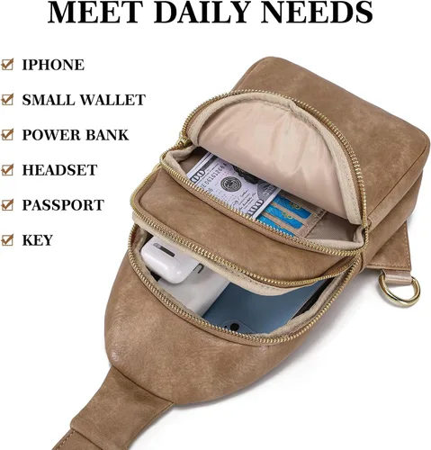 Vista 5 de Bolso cruzado pequeño, riñonera para mujeres y hombres, bolso bandolera de cuero para regalos, Estilo 5, color caqui.