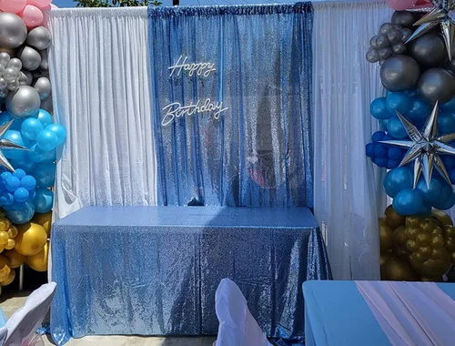 Vista 6 de Poise3EHome Cortina de Fondo de Lentejuelas Azul Bebé, 2 Paneles de 2 Pies x 8 Pies Fondo de Fotografía con Purpurina para Fiesta Baby Shower Boda