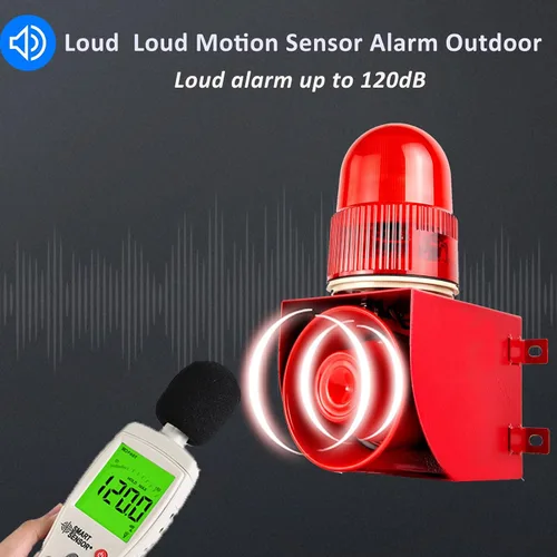 Vista 5 de Sensor de Movimiento Alarma 120dB Bocina Tonos de Volumen Ajustable Impermeable LED Luz Estroboscópica Sirenas Detector de Movimiento Sistema