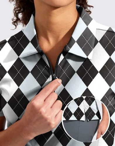 Vista 4 de Viodia Camisa de golf para mujer, manga corta, con cremallera, de secado rápido, elástica, con cuello de tenis, ropa de golf
