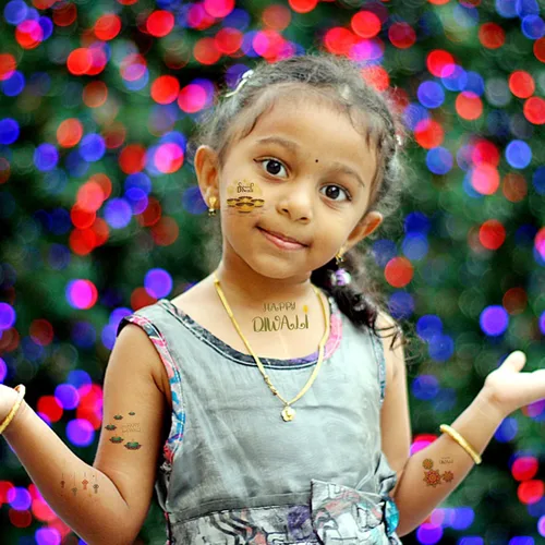 Vista 4 de Oringaga 390 tatuajes temporales para fiestas de Happy Diwali para niños, suministros de fiesta hindú de Diwali, suministros de fiesta, bolsas