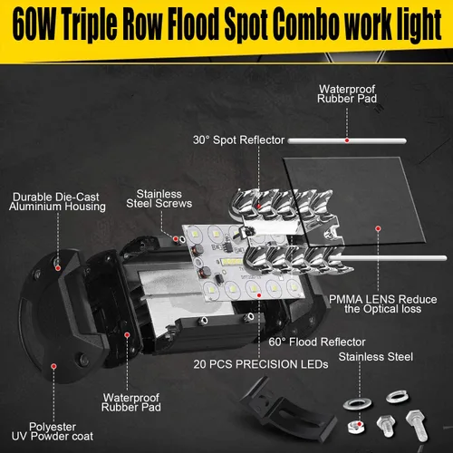 Vista 4 de Vainas LED: 20 unidades de 60 W, luces de punto LED de 12000 lm, luz cúbica de triple fila, luces de inundación para conducción todoterreno