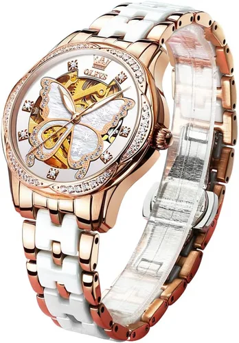 Vista 13 de OLEVS Reloj automático para mujer, reloj de cerámica de acero inoxidable Mariposa / Colorido